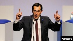 General secretary of French far-right National Front (FN) party Nicolas Bay delivers a speech at the 2-day of FN political rally to launch the presidential campaign in Lyon, Feb. 5, 2017. 