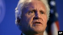 FILE - General Electric CEO Jeff Immelt speaks during a news conference in Boston, April 4, 2016. General Electric Co. said Monday it made a series of deals with Saudi Arabia worth over $1.4 billion as part of the kingdom's ambitious plan to wean itself off crude oil.