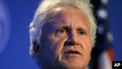 FILE - General Electric CEO Jeff Immelt speaks during a news conference in Boston, April 4, 2016. He has written that GE's customers, partners and countries are demanding technology that generates electric power while improving energy efficiency and cutting costs.