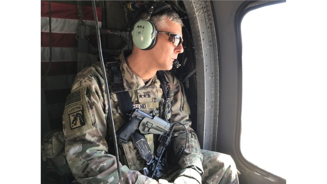 FILE - In this Feb. 8, 2017 file photo, U.S. Army Lt. Gen. Stephen Townsend takes a tour of the area north of Baghdad, Iraq.