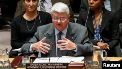  Hervé Ladsous, chef du Département des opérations de maintien de la paix des Nations Unies, devant le Conseil de sécurité à New York, le 14 octobre 2014.