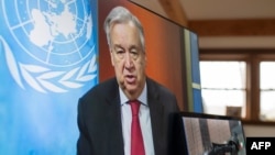 FILE - In this handout photo released by the United Nations, U.N. Secretary-General Antonio Guterres holds a virtual press conference at U.N. headquarters in New York City, April 3, 2020.