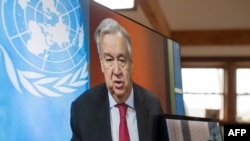 FILE - In this handout photo released by the United Nations, U.N. Secretary-General Antonio Guterres holds a virtual press conference at U.N. headquarters in New York City, April 3, 2020.