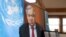 FILE - In this handout photo released by the United Nations, U.N. Secretary-General Antonio Guterres holds a virtual press conference at U.N. headquarters in New York City, April 3, 2020.