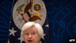 Waziri wa fedha wa Marekani Janet Yellen akizungumza kwenye kikao cha masuala ya hali ya hewa mjini Beijing, China. July 8, 2023.