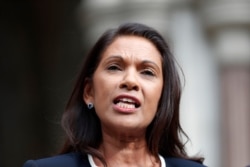 Anti Brexit campaigner Gina Miller speaks to the media outside the High Court in London, Sept. 6, 2019. The High Court has rejected a claim that Prime Minister Boris Johnson is acting unlawfully.