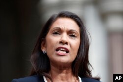Anti Brexit campaigner Gina Miller speaks to the media outside the High Court in London, Sept. 6, 2019. The High Court has rejected a claim that Prime Minister Boris Johnson is acting unlawfully.