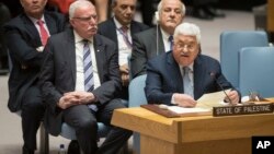 Palestinian President Mahmoud Abbas speaks during a Security Council meeting on the situation in Palestine, Feb. 20, 2018 at United Nations headquarters.
