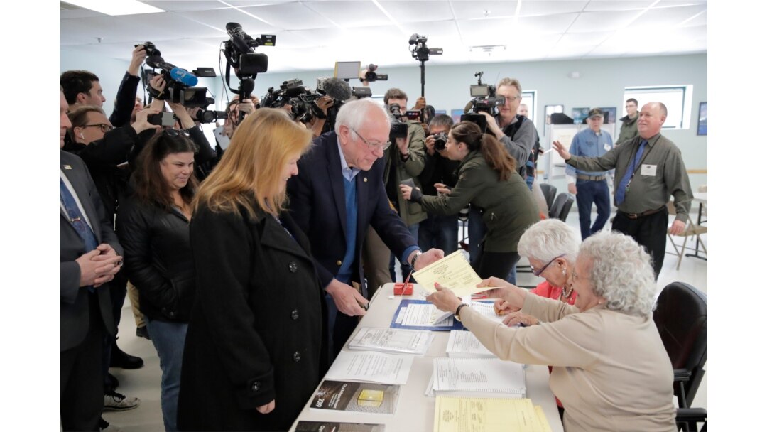 Democratic presidential candidate Sen. Bernie Sanders, I-Vt., arrives to vote in the Vermont Primary near his home in Burlington, Vt., March 3, 2020.