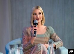 FILE - White House adviser Ivanka Trump speaks during the forum Unleashing the Potential of Women Entrepreneurs through Finance and Markets, on the sidelines of the World Bank/IMF Annual Meetings in Washington, Oct. 18, 2019.
