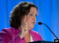 FILE—Rep. Katie Porter, D-Calif., speaks during a U.S. Senate Candidate Forum hosted by the National Union of Health Care Workersin Los Angeles on October 8, 2023.