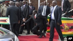 Zimbabwean President Robert Mugabe, center, falls after addressing supporters, at Harare International Airport upon his return from an African Union summit in Ethiopia, Feb. 4, 2015.