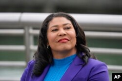 FILE—San Francisco Mayor London Breed during a news conference at the city's waterfront in San Francisco, January 26, 2024.