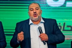 Mansour Abbas, head of a conservative Islamic party Raam, speaks at his campaign headquarters in the northern Israeli city of Tamra, March 23, 2021.