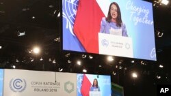 La presidenta de la Asamblea General de las Naciones Unidas, María Fernanda Espinosa Garces, habla durante la apertura de la Conferencia de las Naciones Unidas sobre el Cambio Climático COP24 2018 en Katowice, Polonia, el lunes 3 de diciembre de 2018.