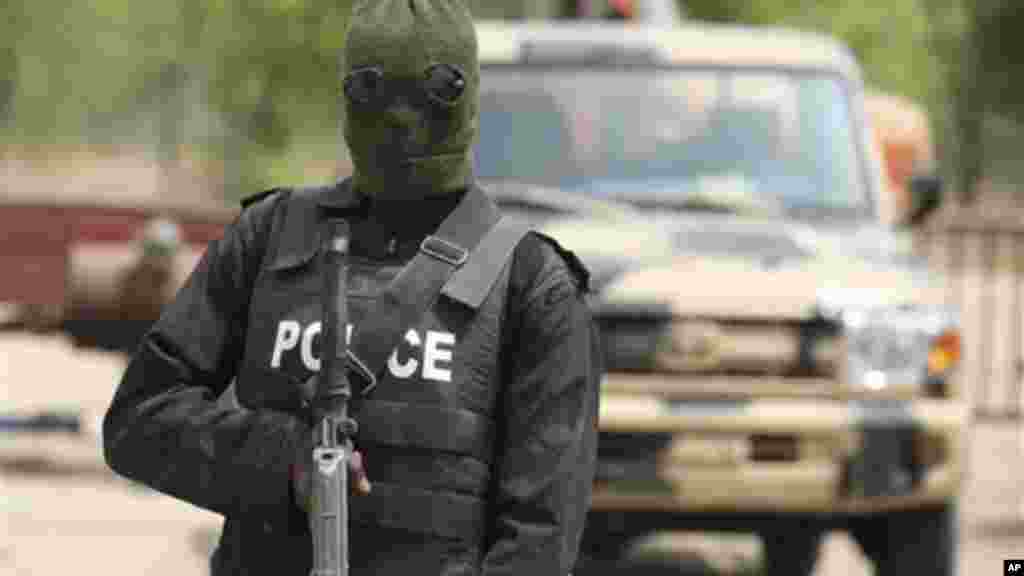 A police officer stands guard in Marte, Nigeria.
