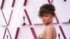 Andra Day arrives at the Oscars on Sunday, April 25, 2021, at Union Station in Los Angeles. (AP Photo/Chris Pizzello, Pool)