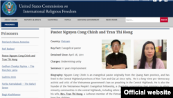 USCIRF website giới thiệu hồ sơ Mục sư Nguyễn Công Chính và bà Trần Thị Hồng.