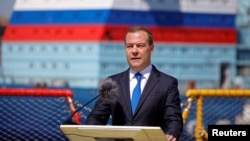 FILE Dmitry Medvedev, Deputy Chairman of Russia's Security Council, delivers a speech in Saint Petersburg, Russia June 29, 2022. Reports say Medvedev proposed attacking the International Criminal Court with a missile. 
