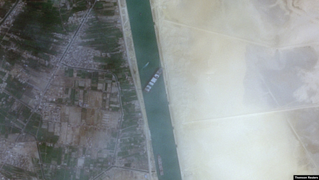 A closer view of the 400-meter, 224,000-tonne Ever Given container ship, leased by Taiwan's Evergreen Marine Corp, seen blocking the Suez Canal in this European Space Agency Copernicus Sentinel-2 satellite Image