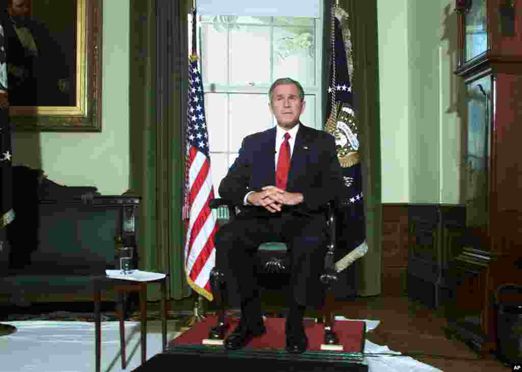October 7, 2001 -- Three weeks after the September 11 terror attacks on the United States, President George W. Bush announces Operation Enduring Freedom, with U.S. military strikes against al- Qaida terrorist camps and Taliban bases in Afghanistan. In an 