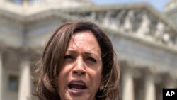 FILE -This May 23, 2018 file photo shows Sen. Kamala Harris, D-Calif., speaking in Washington. Her office said in 2018 that it had discovered up between three to five fake Facebook profiles per month pretending to be hers.