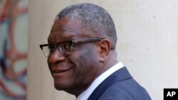 FILE - Nobel Peace Prize 2018 winner Doctor Denis Mukwege of the Democratic Republic of Congo arrives at the Elysee Palace in Paris, France, Oct. 29, 2018.