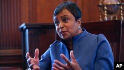 FILE - The 14th Librarian of Congress, Carla Hayden, during her interview with the Associated Press after a ceremony at the Library of Congress, where she took the oath of office, Sept. 14, 2016.