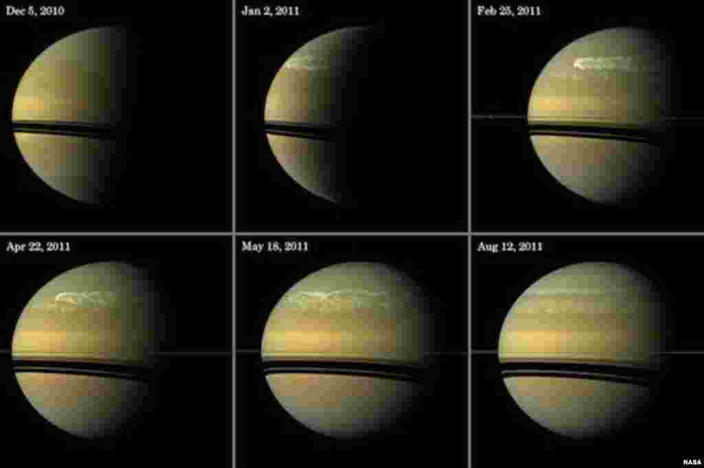 This series of images from NASA&rsquo;s Cassini spacecraft shows the development of the largest storm seen on the planet since 1990. These true-color and composite near-true-color views chronicle the storm from its start in late 2010 through mid-2011, showing how the distinct head of the storm quickly grew large but eventually became engulfed by the storm&rsquo;s tail.