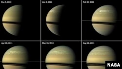 This series of images from NASA’s Cassini spacecraft shows the development of the largest storm seen on the planet since 1990. These true-color and composite near-true-color views chronicle the storm from its start in late 2010 through mid-2011, showing h