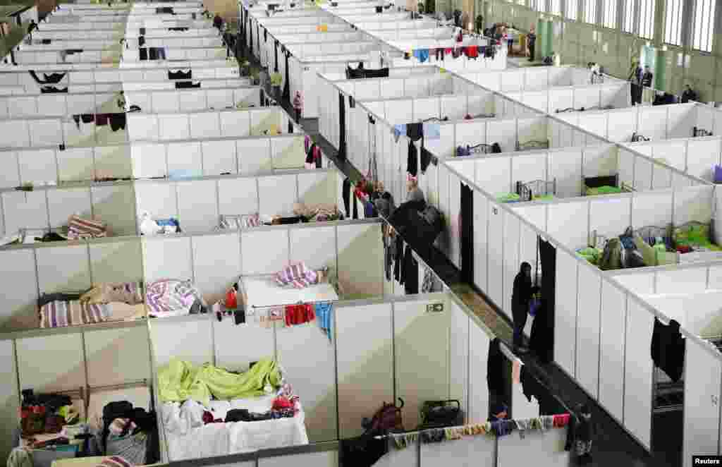 A general view of a shelter for migrants inside a hangar of the former Tempelhof airport in Berlin, Germany