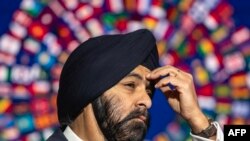 FILE—World Bank Group (WBG) president Ajay Banga attends a press conference at the annual meetings of the WBG and the International Monetary Fund in Marrakesh, Morocco on October 11, 2023.