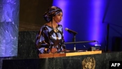 Jaha Dukureh, U.N. Women Goodwill Ambassador for Africa speaks at the U.N. Commemoration event of the International Women's Day at the U.N. General Assembly Hall, March 7, 2025 in New York.