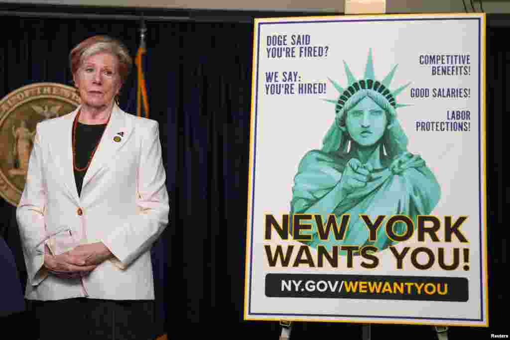 New York State Department of Labor Commissioner Roberta Reardon stands next to a billboard during a press conference held by Governor Kathy Hochul to introduce a new initiative titled &quot;New York Wants You,&quot; a program designed to recruit and employ displaced federal workers across New York State.