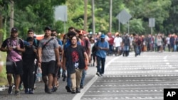 Migrantes caminan por Tapachula, estado de Chiapas, México, el miércoles 20 de noviembre de 2024, con la esperanza de llegar a la frontera con Estados Unidos.