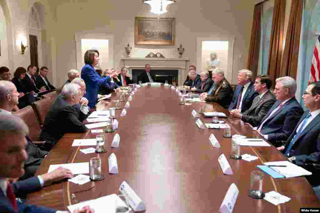 President Donald Trump speaks with House Speaker Nancy Pelosi, Oct. 16, 2019, in White House, Washington. Democratic Party lawmakers cut short the meeting after Trump had a “meltdown” over a House vote condemning his Syria withdrawal. (White House photo)