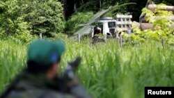 An agent of the Brazilian Institute for the Environment and Renewable Natural Resources intercepts a man driving a truck loaded with tree trunks during an operation to combat illegal mining and logging, in the municipality of Novo Progresso, Para State, northern Brazil, Nov. 11, 2016.