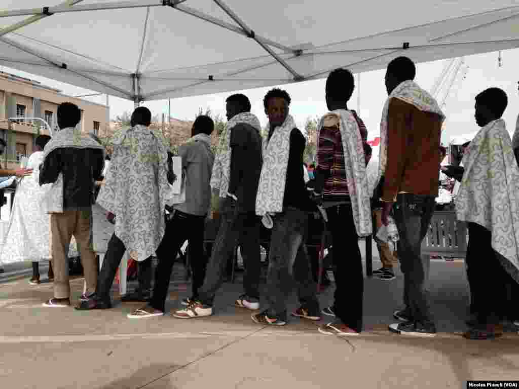 Eritrean migrants disembarking from the &ldquo;Siem Pilot&rdquo; in Messina.