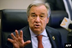 In this file photo taken on Feb. 8, 2020, United Nations Secretary-General Antonio Guterres speaks during a press conference at the African Union headquarters.