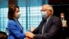 European Union Foreign Policy Chief Josep Borrell (R) greets Belarusian opposition leader Sviatlana Tsikhanouskaya prior to a EU foreign ministers meeting, in Luxembourg, June 21, 2021. 