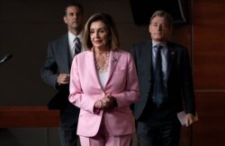 Speaker of the House Nancy Pelosi, D-Calif., joined by Rep. John Sarbanes, D-Md., left, and Rep. Tom Malinowski, D-N.J., leads House Democrats to discuss H.R. 1, The For the People Act, Sept. 27, 2019.