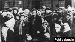 Extreme manifestation of anti-Semitism. Arriving Hungarian Jews on selection ramp at Auschwitz II-Birkenau Concentration Camp, May/June 1944. To be sent to the right meant labor; to the left, the gas chambers. Note Star of David displayed on boy's lapel.