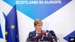 FILE - Scotland's First Minister Nicola Sturgeon speaks during a media conference at the Scotland House in Brussels, Belgium, June 29, 2016. 