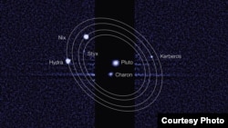 This discovery image, taken by the NASA/ESA Hubble Space Telescope, shows five moons orbiting the distant, icy dwarf planet Pluto.