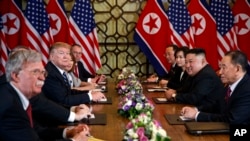 FILE - President Donald Trump speaks during a meeting with North Korean leader Kim Jong Un, in Hanoi, Vietnam, Feb. 28, 2019. 