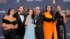 Adriana Paz, from left, Edgar Ramirez, Selena Gomez, Jacques Audiard, Karla Sofia Gascon, and Zoe Saldana with the award for best motion picture - musical or comedy for "Emilia Perez" during the 82nd Golden Globes on Jan. 5, 2025, at the Beverly Hilton in Beverly Hills, Calif.