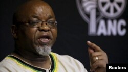 FILE - Gwede Mantashe of the African National Congress (ANC) briefs the media in Pretoria, South Africa, March 20, 2016. 