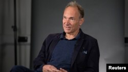 FILE - World Wide Web founder Tim Berners-Lee speaks during an interview at the Mozilla Festival 2018 in London, Oct. 27, 2018. 