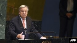 Antonio Guterres Secrétaire général des Nations Unies lors du débat général de la 73ème session de l'Assemblée générale des Nations Unies à New York le 25 septembre 2018.