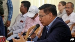 Myanmar's permanent foreign secretary, U Myint Thu, speaks during a meeting with representatives of Rohingya Muslim refugees in Cox's Bazar, Bangladesh, July 28, 2019.